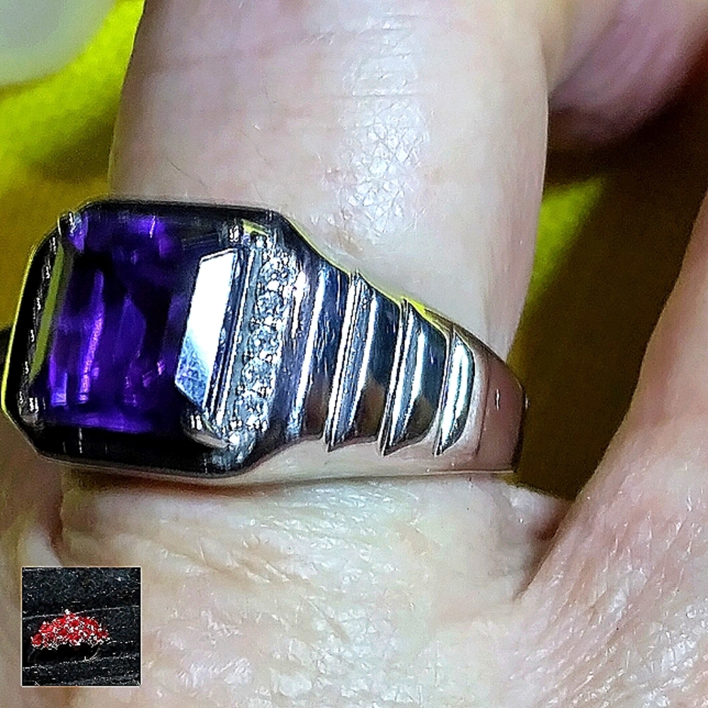 MEN'S- AFRICAN AMETHYST & WHITE TOPAZ ON THE SHOULDERS. RIBBED STERLING RING. 12 - Picture 10 of 16